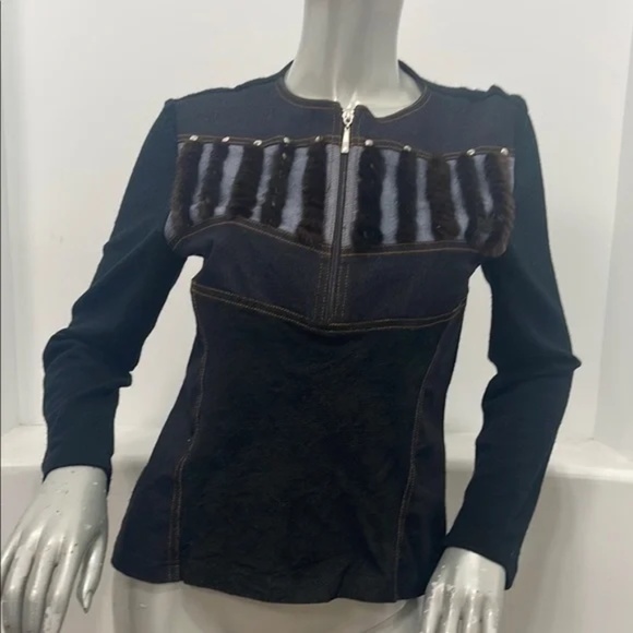 Vintage Galassia Black and Brown Fur, Denim, and Suede Jacket WOW Italy 44 RARE - Picture 14 of 15